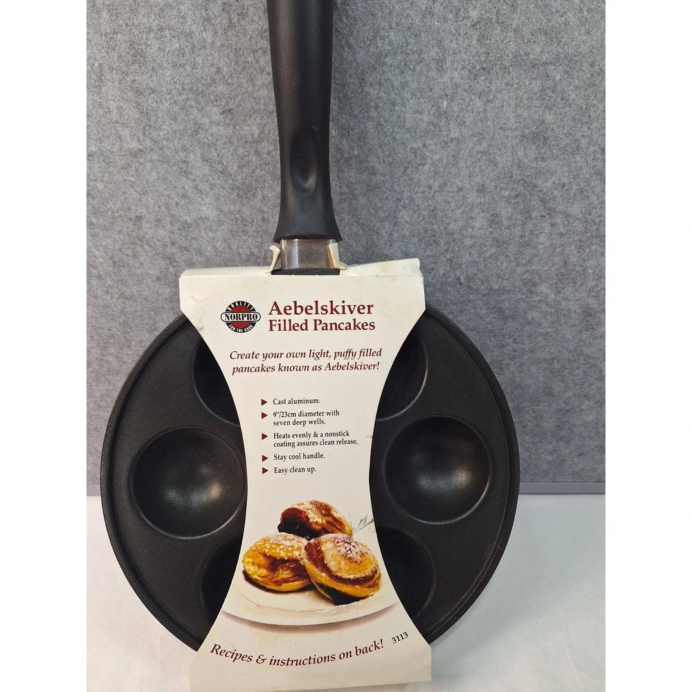 Norpro Aebelskiver Filled Pancake Pan 9in Cast Aluminum Nonstick 7 Wells 3113